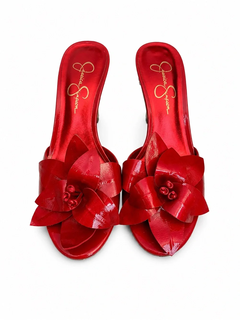 Jessica Simpson Rubi Red Patent Flower Peep Toe Heels Pumps Size 10